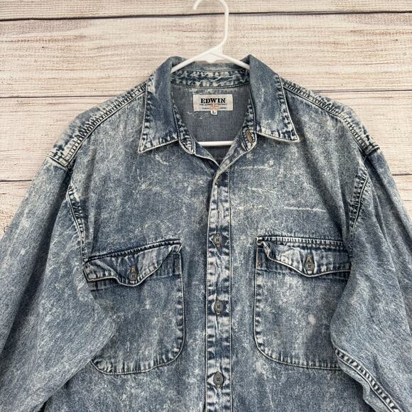 Vintage Edwin Denim Shirt Mens Large Acid Wash Blue Western Button Up Japan 90s - Picture 3 of 11